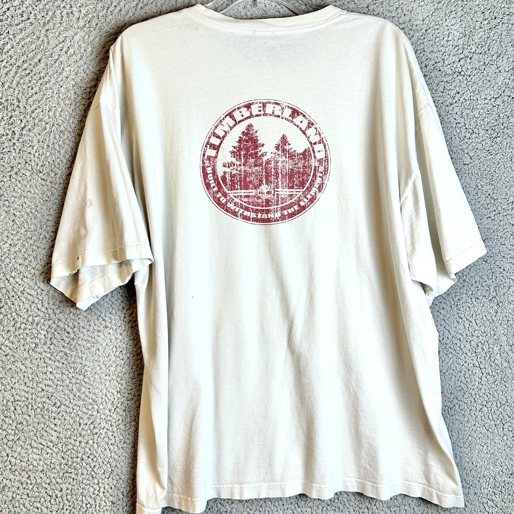 Vintage Timberland T-Shirt Mens XL Off White Cotton Double Sided Made In USA